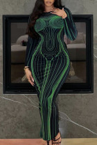 Grüne, elegante, bedruckte Patchwork-Kleider mit rückenfreiem O-Ausschnitt und bedrucktem Kleid