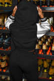 Черный Уличный Однотонный Лоскутное шитье Застежка-молния Воротник с капюшоном Длинный рукав Две части