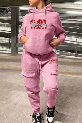 Pink Casual Santa Claus Print Hooded Collar Long Sleeve Sweatshirt And Draw String Pocket Skinny Pants Two Pieces Jogger Sets