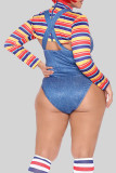 Blue Sexy Letter Color Block Hollowed Out Patchwork Buttons O Neck Plus Size Two Pieces