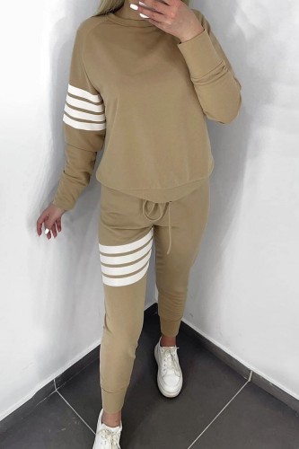 Khaki Casual Striped Print Basic O Neck Long Sleeve Two Pieces