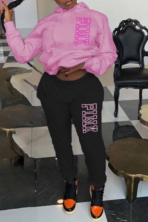 Black Pink Casual Print Letter Hooded Collar Long Sleeve Two Pieces