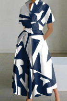 ブルー カジュアル プリント パッチワーク ターンダウン カラー 半袖 ドレス ドレス