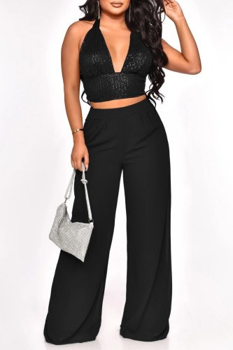 Black Sexy Casual Patchwork Sequins Backless Halter Sleeveless Two Pieces