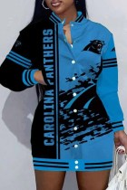 ブルーブラックカジュアルヴィンテージプリントパッチワークマンダリンカラーワンステップスカートドレス