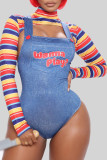 Blue Sexy Letter Color Block Hollowed Out Patchwork Buttons O Neck Plus Size Two Pieces