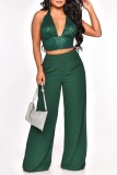 Champagne Sexy Casual Patchwork Sequins Backless Halter Sleeveless Two Pieces