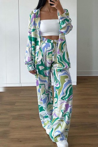 Green Casual Print Cardigan Pants Turndown Collar Long Sleeve Two Pieces