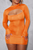 Orange Sexy Celebrities Solid Hollowed Out Patchwork O Neck Wrapped Skirt Dresses