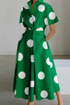グリーン カジュアル プリント パッチワーク ターンダウン カラー 半袖 ドレス ドレス