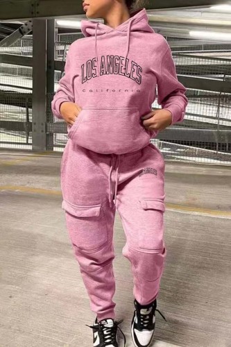 Pink Casual Print Letter Hooded Collar Long Sleeve Sweatshirt And Draw String Pocket Skinny Pants Two Pieces Jogger Sets