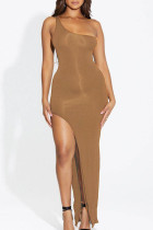 Светло-коричневое повседневное однотонное лоскутное платье с открытой спиной и высоким открытием на одно плечо Длинные платья Платья