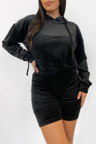 Black Sexy Solid Patchwork Draw String Hooded Collar Long Sleeve Two Pieces