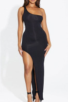 Schwarzes, lässiges, solides, rückenfreies Patchwork-Kleid mit hoher Öffnung, langes Kleid mit einer Schulter