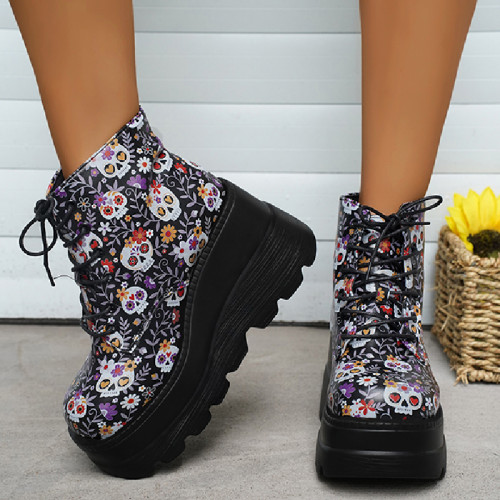 Black Casual Patchwork Frenulum Printing Round Comfortable Out Door Shoes (Heel Height 3.15in)
