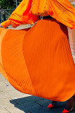 Rojo mandarina Elegante bloque de color Patchwork con cinturón Corte de bota plisado Cintura alta Tipo A Pantalones de patchwork