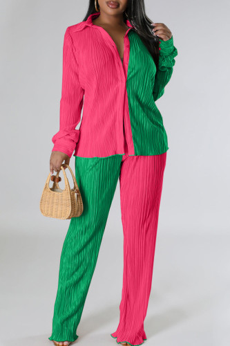 Green Casual Color Block Patchwork Buckle Turndown Collar Long Sleeve Two Pieces