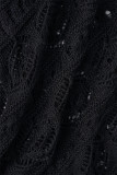 Черный повседневный однотонный вырез в стиле пэчворк с пряжкой и разрезом отложной воротник с длинными рукавами из двух частей