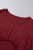 Burgundy Sexy Solid Hollowed Out Patchwork U Neck Half Sleeve Two Pieces