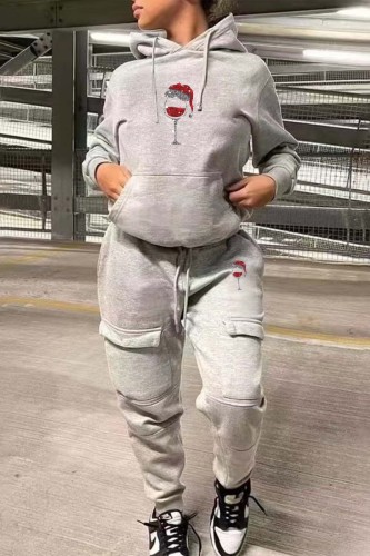Grey Casual Solid Hot Drill Hooded Collar Long Sleeve Two Pieces