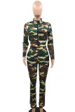 Camouflage Casual Street Camouflage Print Patchwork Pocket Zipper O Neck Long Sleeve Two Pieces