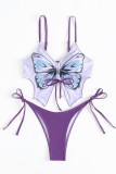 Costumi da bagno senza schienale con fasciatura sexy con stampa farfalla viola (con imbottitura)