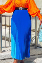 Bleu élégant bloc de couleur patchwork avec ceinture plissée coupe botte taille haute type A patchwork bas