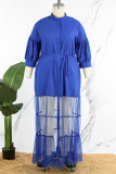 Blaues, lässiges, solides Patchwork-Hemdkragen-langes Kleid in Übergröße