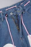 Jeans in denim regolari di base a vita media con stampa di lettere casual blu