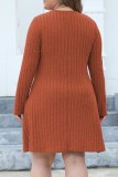 Robes marron décontractées unies en patchwork, col en V, manches longues, grande taille (sans ceinture)