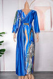Blaues, elegantes Patchwork-Druckkleid mit Gürtel, V-Ausschnitt und bedrucktem Kleid in Übergröße
