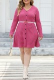 Rose Red Casual Solid Patchwork V Neck Long Sleeve Plus Size Dresses (Without Belt)