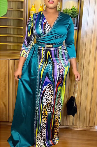 Green Elegant Print Patchwork With Belt V Neck Printed Dress Plus Size Dresses