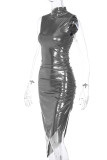 ダークグレーのエレガントなソリッドパッチワーク高開口部マンダリンカラーシースドレス
