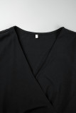 Черные повседневные однотонные платья с V-образным вырезом и длинными рукавами с разрезом уздечки