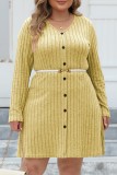 Vestidos casuais cinza liso patchwork com decote em V manga comprida plus size (sem cinto)