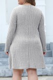 Graue, lässige, einfarbige Patchwork-Kleider mit V-Ausschnitt und langen Ärmeln in Übergröße (ohne Gürtel)