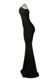 Zwart sexy formeel patchwork heet boren uitgeholde O-hals lange jurkjurken