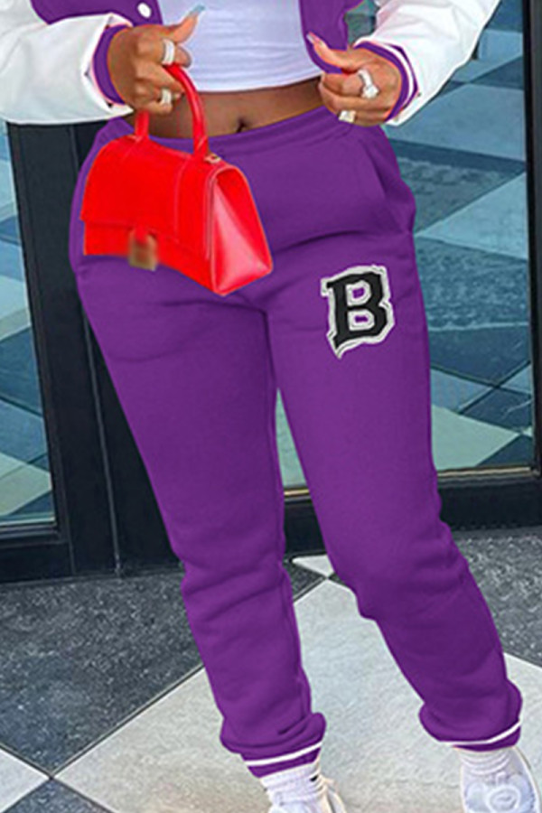 Pantaloni viola con stampa di posizionamento convenzionale skinny patchwork a lettera casual a vita bassa