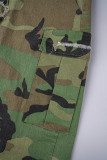 Vert décontracté imprimé Camouflage, accessoires en métal, décoration, col rabattu fendu, manches longues, deux pièces