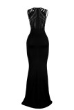 Черное сексуальное официальное лоскутное платье с горячим бурением и длинными рукавами с круглым вырезом