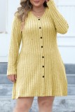Gelb Lässiges, einfarbiges Patchwork-Kleid mit V-Ausschnitt und langen Ärmeln in Übergröße (ohne Gürtel)
