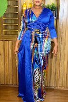 Blauwe elegante print patchwork met riem V-hals bedrukte jurk Grote maten jurken