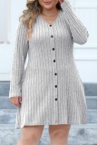 Vestidos casuais cinza liso patchwork com decote em V manga comprida plus size (sem cinto)