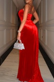 Красное сексуальное вечернее платье в стиле пэчворк с блестками и разрезом на спине без бретелек.