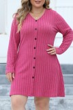 Rose Red Casual Solid Patchwork V Neck Long Sleeve Plus Size Dresses (Without Belt)