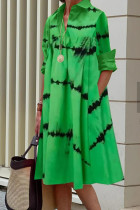 グリーン カジュアル プリント パッチワーク バックル シャツ カラー ストレート ドレス