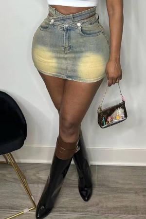 Light Blue Casual Basic High Waist Washed Ombre Print Skinny Denim Mini Skirts