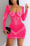 Rosa Sexy Patchwork Hot Drilling Rückenfreies Kleid mit quadratischem Kragen und langen Ärmeln
