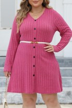 Розово-красные повседневные однотонные лоскутные платья больших размеров с V-образным вырезом и длинными рукавами (без пояса)